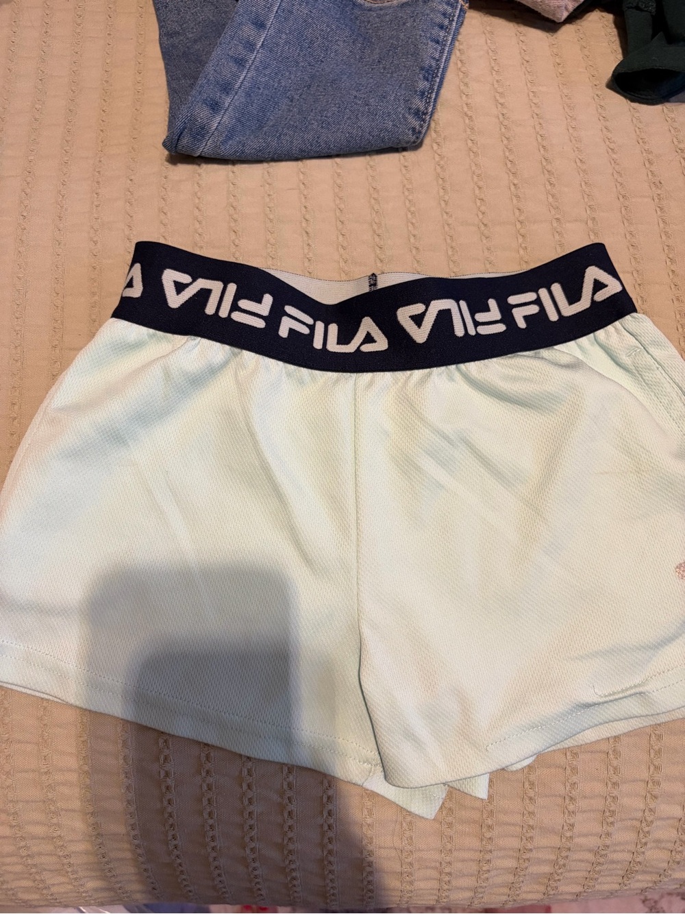FILA Women's Mint Athletic Shorts with Navy Logo Waistband